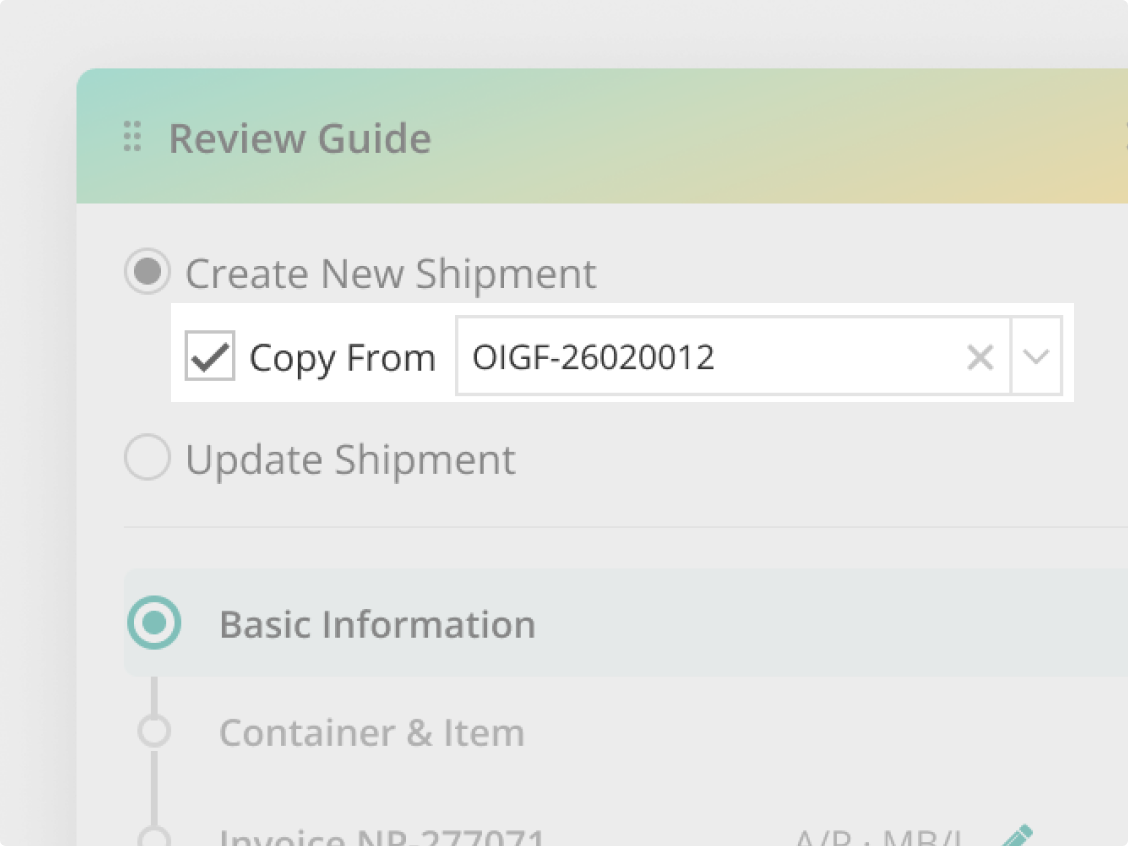 Copy From dropdown shown in Create New Shipment mode
