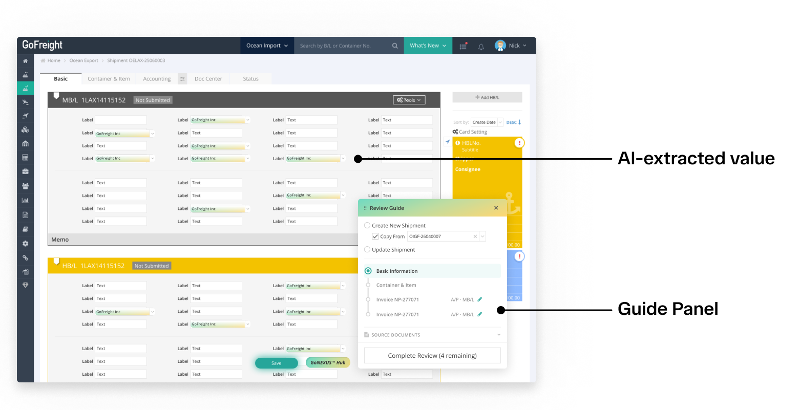 The redesigned Shipment Entry page, with AI-extracted values highlighted across the fields and the Review Guide panel docked at the bottom right